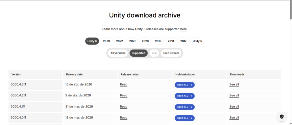 Arquivo de downloads da versões da Unity
