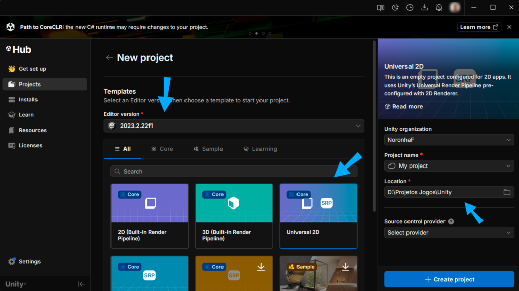 Criar novo projeto Unity do zero — template 2D Core no Unity Hub
