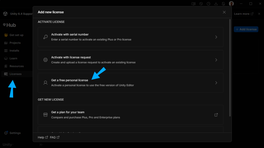 Ativação da licença gratuita Personal no Unity Hub